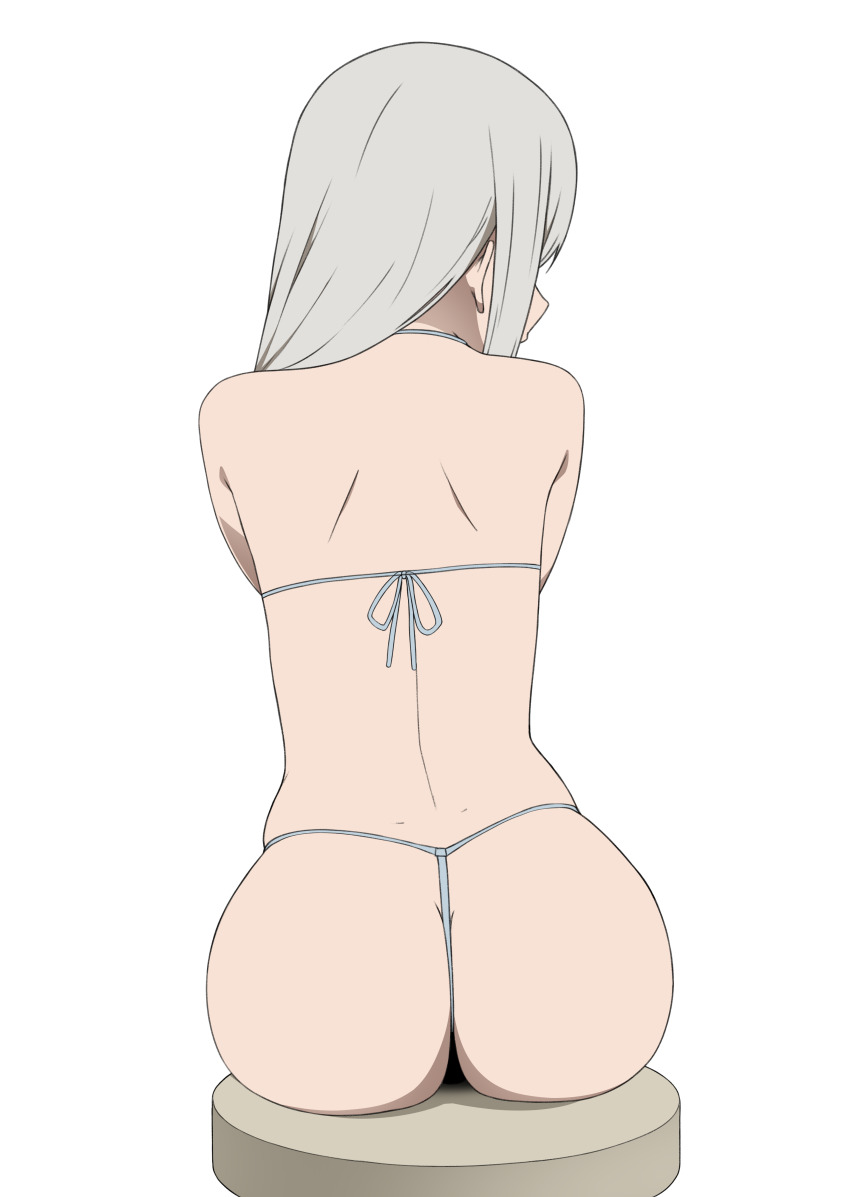 1girl absurdres ass back bikini coro_fae from_behind g-string grey_hair highres kaguya-sama_wa_kokurasetai_~tensai-tachi_no_renai_zunousen~ median_furrow on_stool paid_reward_available shirogane_kei shoulder_blades simple_background sitting skindentation solo stool string_bikini swimsuit thong thong_bikini white_background white_bikini