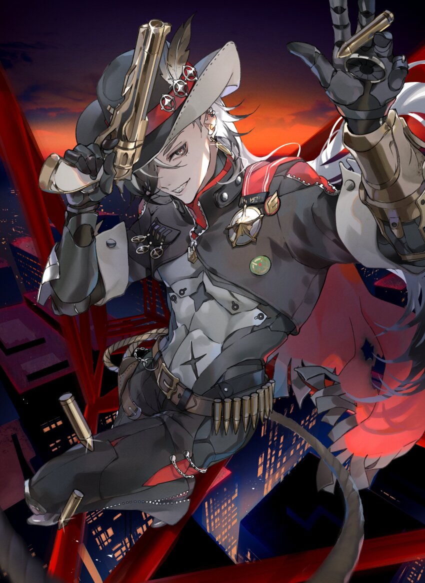1boy absurdres belt belt_buckle black_hair black_hat boothill_(honkai:_star_rail) brown_belt buckle bullet cape cityscape cyborg grin gun hair_over_one_eye hat hat_feather highres holding holding_bullet holding_gun holding_weapon honkai:_star_rail honkai_(series) kamui_(kurohshiro1) long_hair male_focus multicolored_hair police_badge red_cape rope sharp_teeth shrug_(clothing) smile solo split-color_hair teeth weapon white_hair