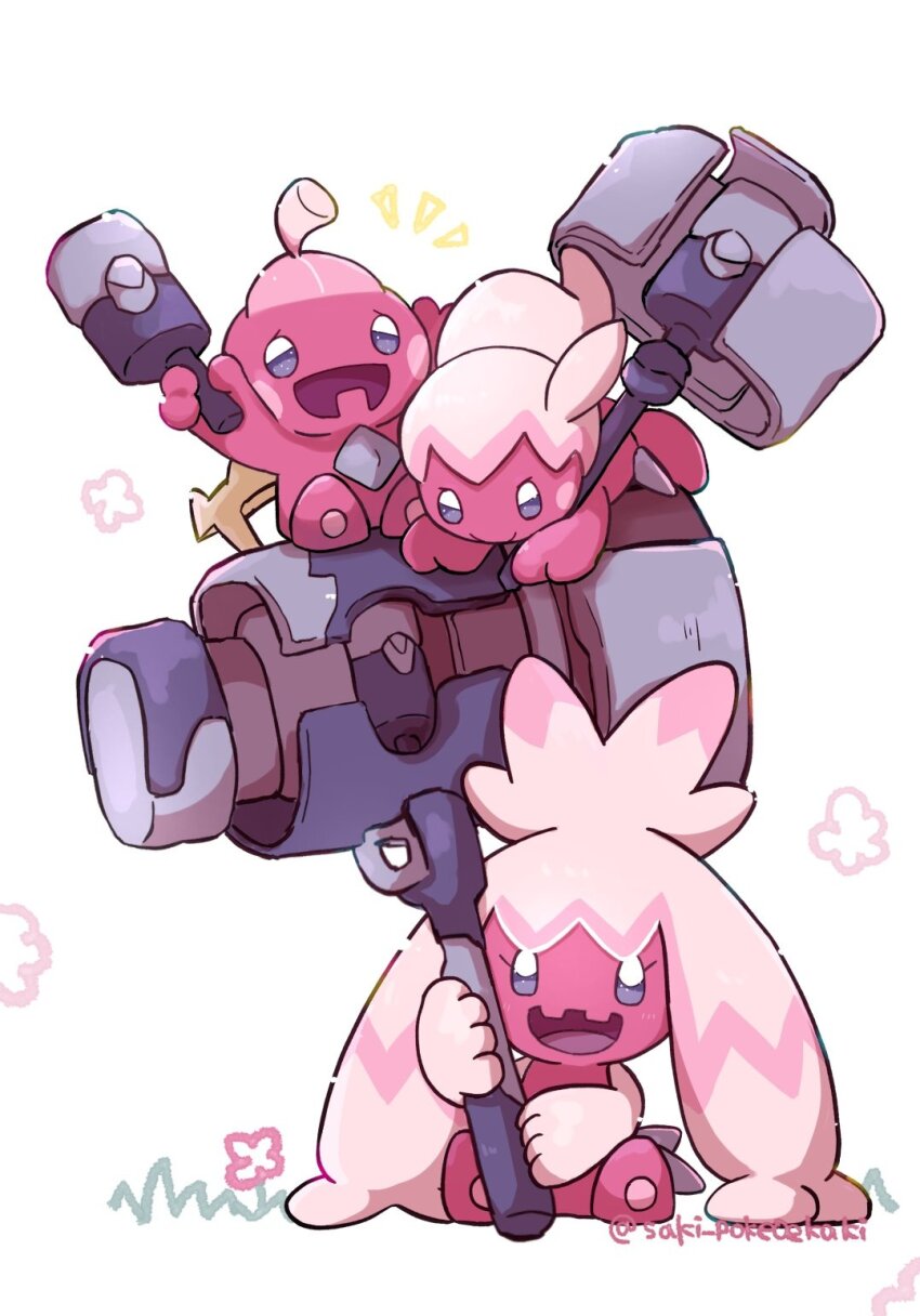 2girls :d colored_skin evolutionary_line fangs full_body gen_9_pokemon hammer highres holding holding_hammer huge_weapon long_hair looking_at_another looking_at_viewer multiple_girls nintendo open_mouth pink_hair pink_skin pokemon pokemon_(creature) purple_eyes saki_pokeoekaki simple_background sitting skin_fangs smile tinkatink tinkaton tinkatuff weapon white_background