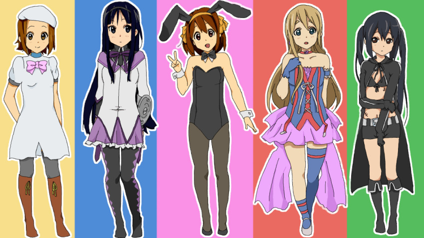 5girls akemi_homura akemi_homura_(cosplay) akemi_homura_(magical_girl) akiyama_mio animal_ears black_eyes black_hair black_rock_shooter black_rock_shooter_(character) black_rock_shooter_(cosplay) blonde_hair blue_eyes brown_eyes brown_hair cosplay cristina_valenzuela dress fake_animal_ears higurashi_no_naku_koro_ni hirasawa_yui k-on! kotobuki_tsumugi leotard llio long_hair look-alike macross macross_frontier mahou_shoujo_madoka_magica mahou_shoujo_madoka_magica_(anime) multiple_girls nakano_azusa outline pantyhose playboy_bunny rabbit_ears ribbon ryuuguu_rena ryuuguu_rena_(cosplay) sheryl_nome sheryl_nome_(cosplay) short_hair suzumiya_haruhi suzumiya_haruhi_(cosplay) suzumiya_haruhi_no_yuuutsu tainaka_ritsu thighhighs twintails voice_actor_connection