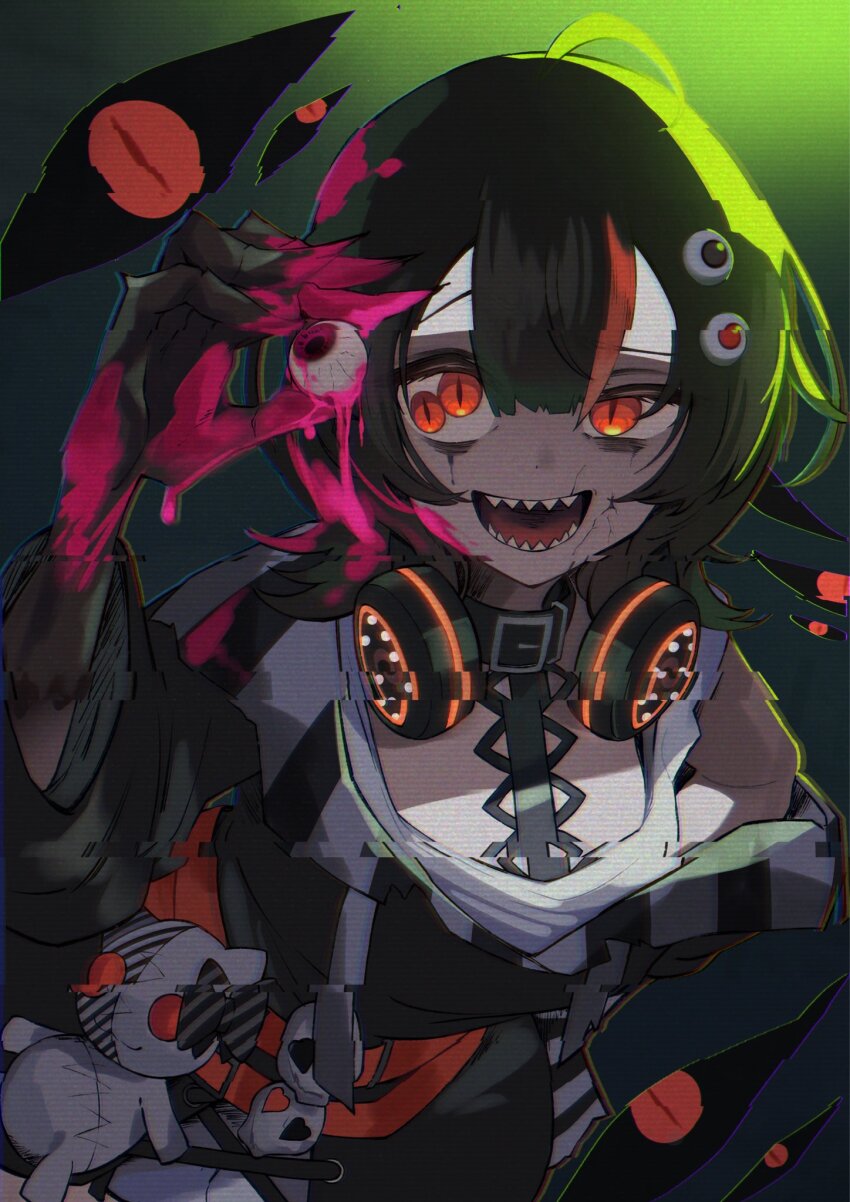 1girl akebi_(akebig117) black_hair black_sweater claws colored_extremities cracked_skin crazy_eyes crazy_smile dark_persona disembodied_eye extra_pupils glitch glowing hand_up headphones headphones_around_neck highres holding_eyeball long_sleeves looking_at_viewer mahou_shoujo_no_majo_saiban mismatched_pupils multicolored_hair open_mouth orange_eyes sawatari_coco sharp_teeth short_hair sidelighting slit_pupils smile solo spoilers stuffed_animal stuffed_cat stuffed_toy sweater teeth uneven_eyes