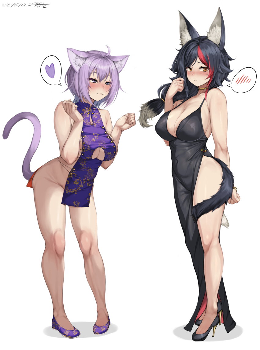2girls absurdres ahoge animal_ears black_dress black_hair black_shoes black_tail blush breasts cat_ears cat_girl cat_tail cleavage closed_mouth collarbone covered_navel dated dress groin heart highres hololive large_breasts long_hair medium_hair midnight_(midnightstream3) multicolored_hair multiple_girls nekomata_okayu ookami_mio purple_dress purple_eyes purple_hair purple_shoes purple_tail red_hair shoes signature simple_background smile spoken_blush spoken_heart streaked_hair tail thighs two-tone_hair virtual_youtuber white_background wolf_ears wolf_girl wolf_tail