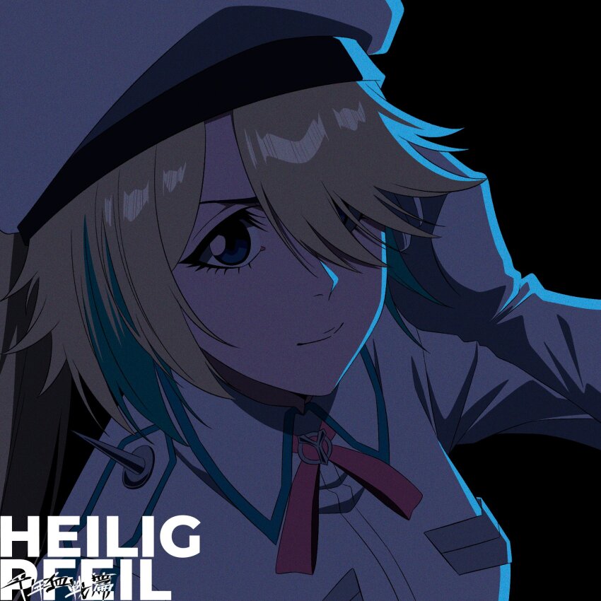 1girl aqua_hair black_background bleach bleach:_sennen_kessen-hen blonde_hair blue_eyes close-up closed_mouth collared_jacket commentary eyelashes film_grain german_commentary german_text gloves hair_over_one_eye hand_up hat highres jacket long_hair long_sleeves looking_at_viewer military_hat military_uniform multicolored_hair neck_ribbon nikita_deathlock nikita_deslock official_style ponytail red_ribbon ribbon simple_background smile solo spiked_hair split_mouth streaked_hair white_gloves white_hat white_jacket yuuta_(yuuta0312)