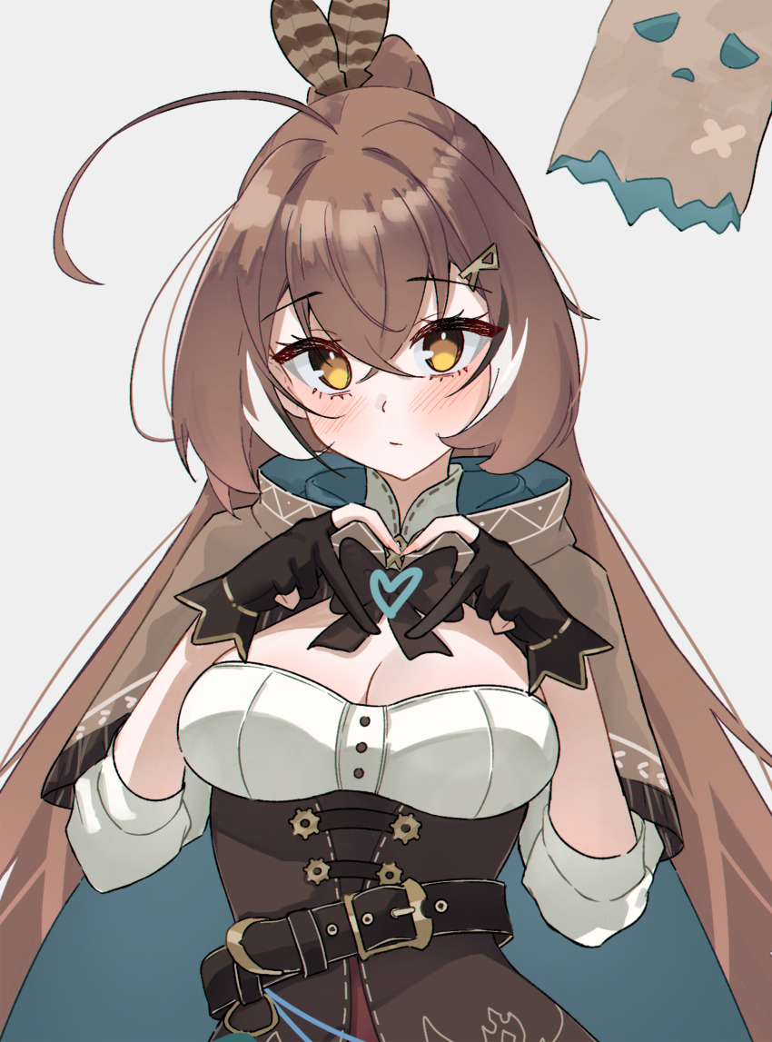 1girl four-finger_heart_hands absurdres ahoge belt black_gloves blush bow bowtie breasts brown_belt brown_bow brown_bowtie brown_capelet brown_corset brown_eyes brown_hair cape capelet cleavage cleavage_cutout closed_mouth clothing_cutout commentary corset english_commentary feather_hair_ornament feathers friend_(nanashi_mumei) gloves grey_background hair_ornament heart heart_hands high_collar highres hololive hololive_english hood hood_down hooded_capelet long_hair looking_at_viewer magui3 medium_breasts multicolored_hair nanashi_mumei nanashi_mumei_(1st_costume) partially_fingerless_gloves ponytail runes shirt simple_background solo streaked_hair three-quarter_sleeves underbust upper_body very_long_hair virtual_youtuber white_shirt