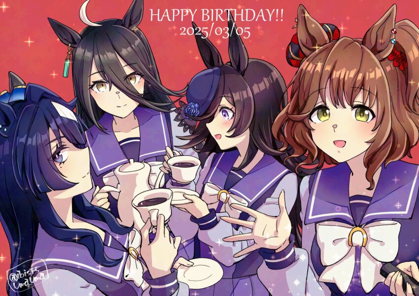 4girls ahoge animal_ears aston_machan_(umamusume) birthday_connection black_hair blue_eyes blue_hair bow brown_hair commentary_request cup hair_between_eyes hi_(ibisf5umauma) highres horse_ears horse_girl manhattan_cafe_(umamusume) multicolored_hair multiple_girls purple_serafuku purple_shirt red_background rice_shower_(umamusume) sailor_collar school_uniform serafuku shirt simple_background smile streaked_hair tea teacup tracen_school_uniform translation_request twitter_username umamusume upper_body verxina_(umamusume) white_bow white_hair winter_uniform yellow_eyes