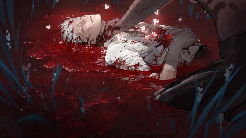 2boys astarion baldur&#039;s_gate baldur&#039;s_gate_3 black_pants bleeding blood blood_on_clothes blood_on_face blood_on_hands closed_eyes cowboy_shot eboda-x elf feet_out_of_frame from_above grass hands_on_own_stomach highres injury lying male_focus multiple_boys on_back pants partially_submerged pointy_ears pool_of_blood shirt short_hair sitting solo_focus strangling white_hair white_shirt