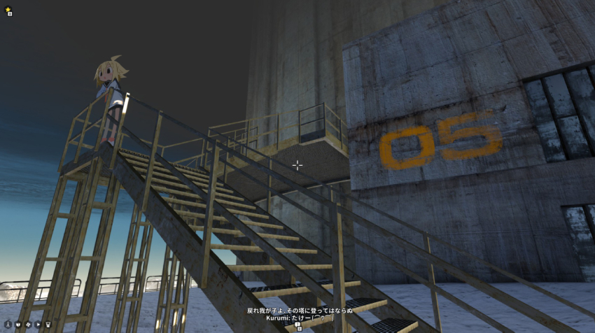 1girl against_railing ahoge black_eyes black_skirt blonde_hair blue_sailor_collar building concrete crossed_arms crosshair full_body game_screenshot_background haze icon_(computing) kokaki_mumose long_sleeves looking_down miniskirt mountainous_horizon neckerchief null-meta open_mouth pov railing red_neckerchief sailor_collar scenery school_uniform screenshot_background serafuku shirt shoes short_hair skirt smile sneakers solo stairs subtitled translation_request truss unreal uozumi_kurumi white_shirt wide_shot