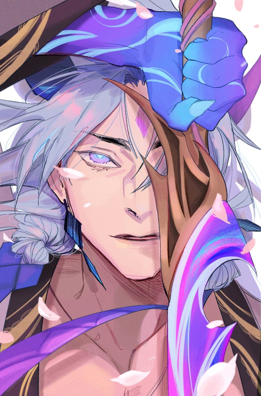 1boy arm_up blue_skin collarbone colored_skin eyeball_earrings facial_mark fingernails grey_hair highres holding holding_weapon league_of_legends long_hair making-of_available male_focus parted_lips petals portrait sharp_fingernails solo spirit_blossom_yone sword upper_body vixen_z6 weapon yone_(league_of_legends)