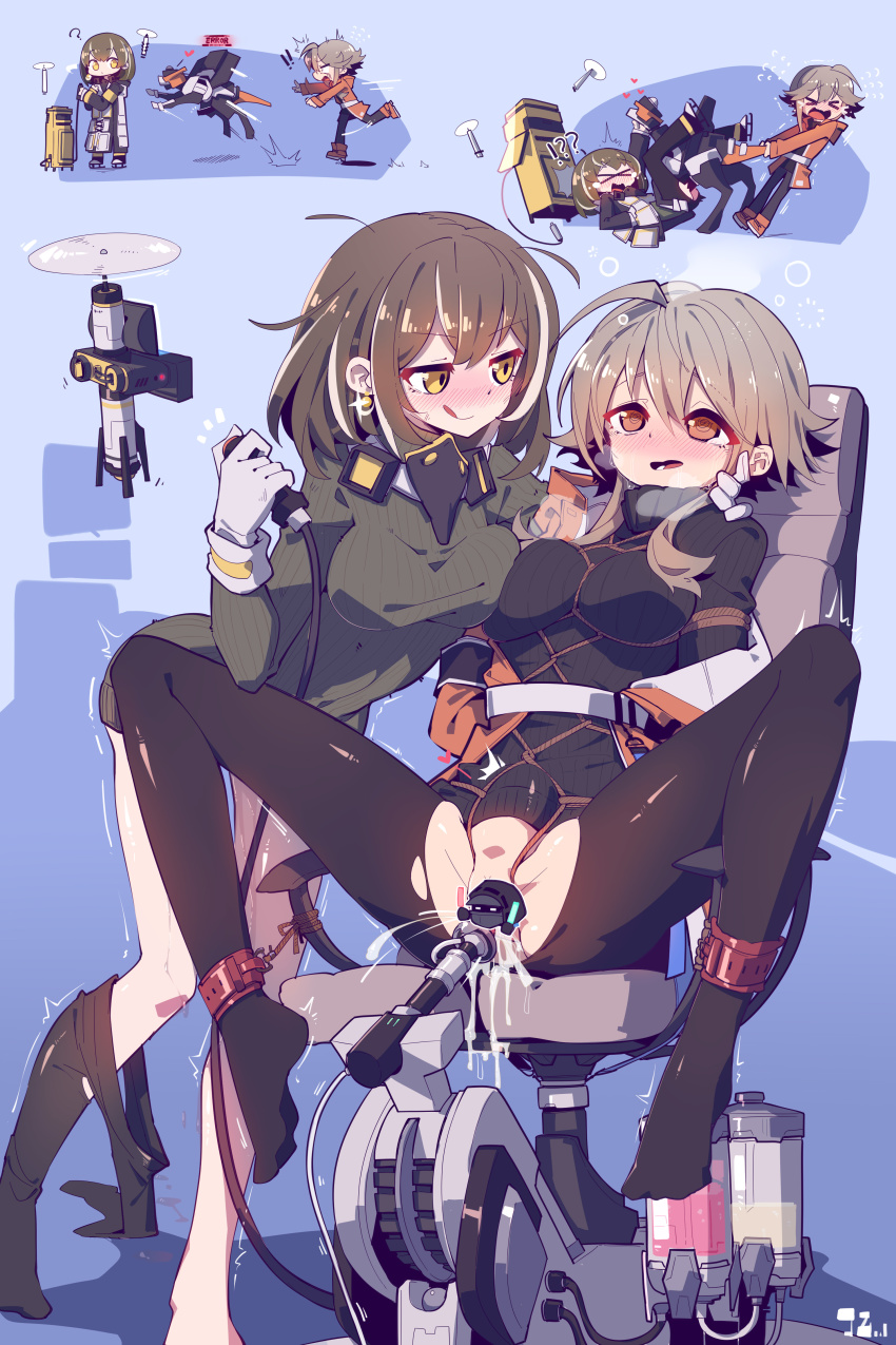 ! !! &gt;_&lt; 2girls :d ? @_@ ^^^ absurdres ahoge anger_vein arknights arms_behind_back artistic_error bar_censor bdsm bird_mask black_legwear black_sweater blue_background blush bondage boots bound breasts breath brown_eyes brown_footwear brown_hair camera censored chair character_censor chinese_commentary clothes_pull coat controller crotch_cutout cuffs cum cum_in_pussy cum_overflow dildo doctor_(arknights) drone earrings female_focus full_body gloves green_sweater grey_gloves hair_between_eyes head_steam heavy_breathing highres hood hooded_coat imazawa jewelry jumping knotted_dildo large_variant_set leaning_forward licking_lips light_brown_hair looking_at_another m_legs magallan_(arknights) mask mask_around_neck mayer_(arknights) medium_breasts medium_hair messy_hair multicolored_hair multiple_girls nervous_sweating no_panties no_shoes non-humanoid_robot novelty_censor object_insertion off_shoulder open_clothes open_coat open_mouth orange_coat pantyhose pantyhose_around_one_leg pantyhose_pull pulling pussy_juice rape remote_control restrained revenge ribbed_sweater robot robot_animal robot_dog robot_sex rope running sanpaku sex_machine sex_toy shackles shibari short_hair sidelocks simple_background sitting skates smile spread_legs standing stomach_bulge streaked_hair sweat sweater taut_clothes tearing_up tears tongue tongue_out torn_clothes torn_legwear trembling turtleneck turtleneck_sweater two-tone_hair v-shaped_eyebrows vaginal vaginal_object_insertion variant_set white_coat white_hair winter_clothes winter_coat xd yellow_eyes