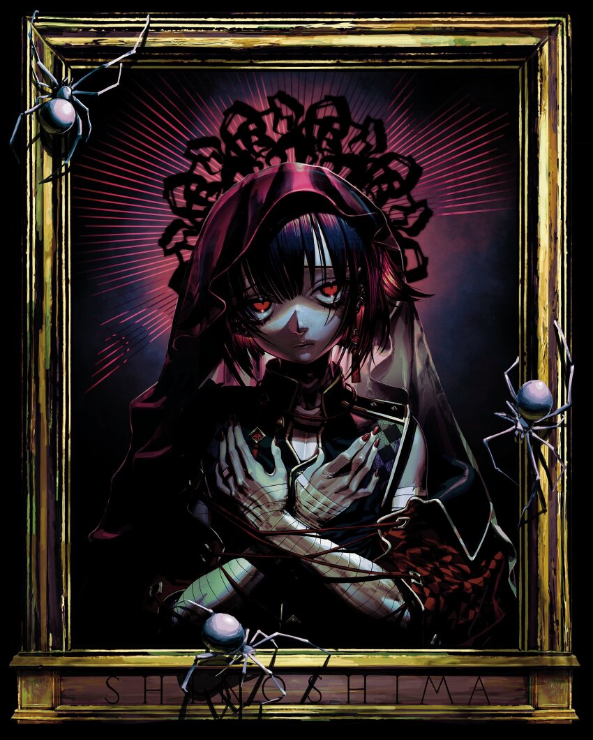 1boy absurdres bug character_name commentary_request crossed_arms earrings hand_on_own_chest hands_up highres indie_virtual_youtuber jewelry looking_at_viewer male_focus nail_polish official_art painting_(object) picture_frame red_eyes red_nails shinoshima_raise short_hair solo spider upturned_eyes veil virtual_youtuber yu_(stdio_nameraka)