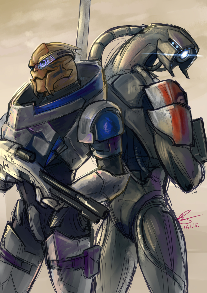 absurdres alien back-to-back blue_eyes garrus_vakarian geth glowing glowing_eye gun highres humanoid_robot legion_(mass_effect) looking_back mass_effect_(series) mass_effect_2 no_humans non-humanoid_robot one-eyed rifle robot saza92 sniper_rifle turian weapon