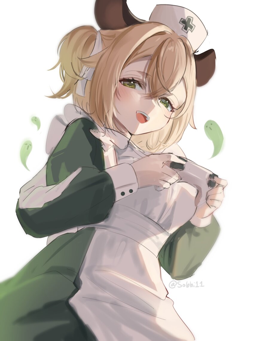 1girl animal_ears apron brown_hair controller dress game_controller green_dress green_eyes hair_ribbon hat highres holding holding_controller holding_game_controller indie_virtual_youtuber long_sleeves naplings_(nimi_nightmare) nimi_nightmare nurse_cap open_mouth ribbon sobbi11 solo tapir_ears tapir_girl twitter_username virtual_youtuber white_apron white_background white_hat white_ribbon