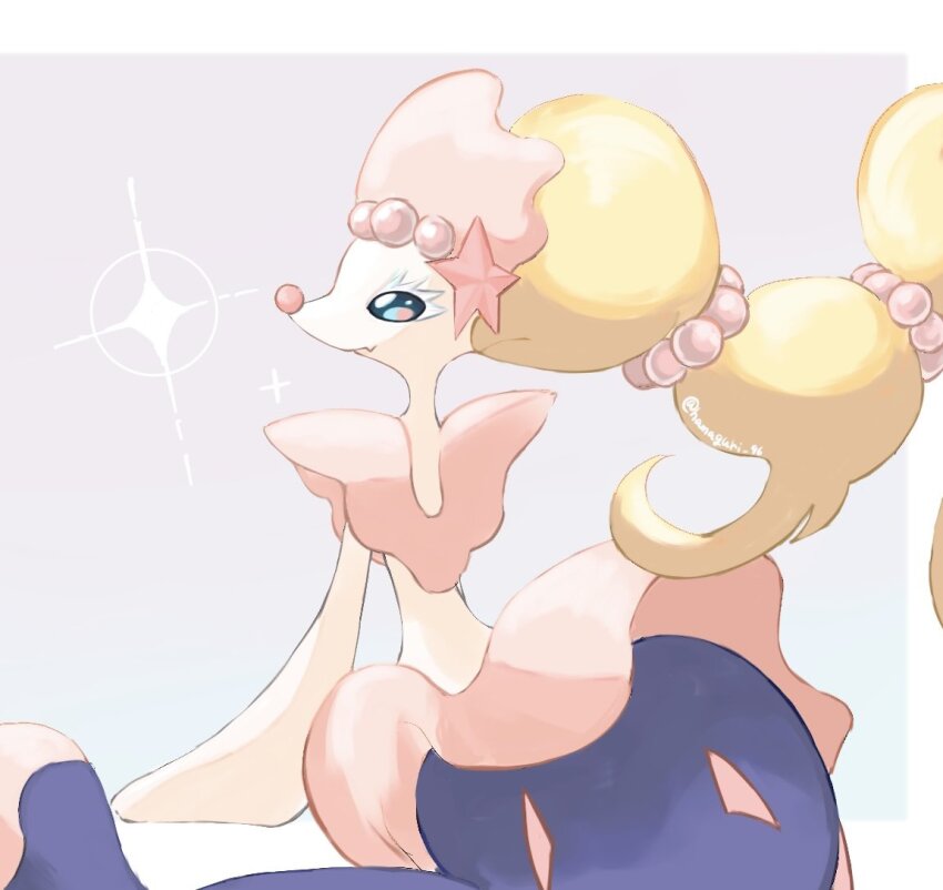 blonde_hair blue_eyes closed_mouth colored_skin eyelashes fang gen_7_pokemon hamaguri_96 long_hair nintendo no_humans pokemon pokemon_(creature) pokemon_focus primarina skin_fang smile solo twitter_username very_long_hair white_skin