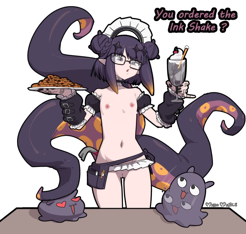 1girl :3 :d absurdres armband artist_name bandaid bandaid_on_hand black_armband black_choker black_nails black_sleeves bun_with_braided_base choker cleft_of_venus commentary cookie cup detached_sleeves double_bun english_commentary english_text fingernails flat_chest food frilled_armband frilled_choker frilled_sleeves frills glasses gradient_hair hair_bun hair_ornament heart heart-shaped_eyes highres holding holding_cup holding_plate hololive hololive_english ice_cream loli looking_at_viewer maho_malice maid_headdress microskirt mole mole_under_eye motion_lines multicolored_hair nail_polish navel ninomae_ina&#039;nis nipples nude open_mouth orange_hair plate pointy_ears purple_eyes purple_hair pussy rectangular_eyewear short_hair simple_background skirt smile solo sundae takodachi_(ninomae_ina&#039;nis) tentacle_tail tentacles two-tone_hair virtual_youtuber white_background