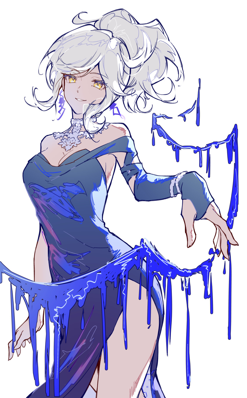 1girl absurdres bare_shoulders blue_dress blue_liquid breasts cleavage cowboy_shot dress enioreh eternity_(reverse:1999) grin highres jellyfish_earrings jewelry long_dress looking_at_viewer medium_breasts medium_hair necklace nightgown off-shoulder_dress off_shoulder outstretched_arm outstretched_hand ponytail reverse:1999 side_slit sidelocks single_bare_arm single_sleeve smile solo white_background white_hair yellow_eyes