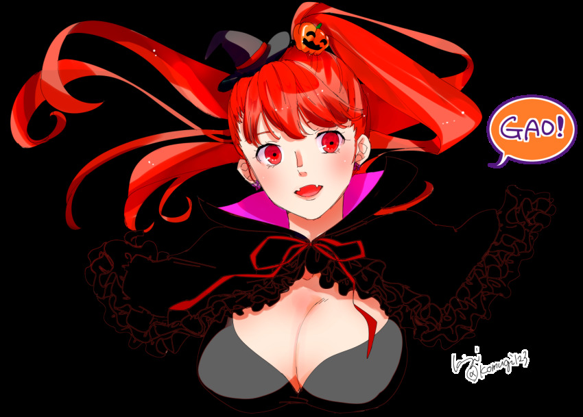 1girl :o black_capelet bow bow_earrings breasts capelet cleavage earrings fangs food-themed_hair_ornament gao hair_ornament halloween hat jewelry komugi_(mugiwaraclub) large_breasts open_mouth persona persona_5 persona_5_the_royal ponytail pumpkin_hair_ornament red_eyes red_hair ribbon-shaped_earrings signature solo speech_bubble transparent_background twitter_username upper_body witch_hat yoshizawa_kasumi