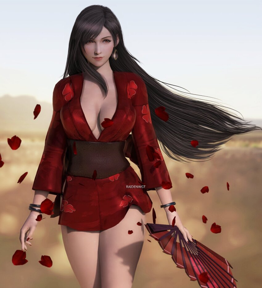 1girl 3d black_hair blurry blurry_background bracelet breasts cleavage crescent crescent_earrings crescent_moon dress earrings falling_petals final_fantasy final_fantasy_vii final_fantasy_vii_remake floral_print gold_earrings hand_fan highres holding japanese_clothes jewelry kimono large_breasts long_hair long_sleeves looking_to_the_side moon obi petals raidenwgt red_dress red_eyes red_kimono red_lips red_nails sash short_dress short_kimono single_earring single_sidelock solo square_enix swept_bangs thighs tifa_lockhart