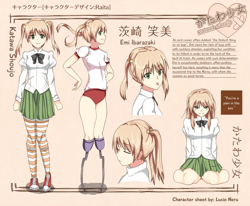 1girl absurdres alternate_hairstyle amputee artist_name black_bow blonde_hair bow buruma character_name character_profile closed_eyes closed_mouth copyright_logo copyright_name double_amputee english_text full_body green_eyes green_skirt gym_shirt gym_uniform hair_down highres ibarazaki_emi katawa_shoujo legless_amputee long_hair long_sleeves multiple_views nerunemuteto prosthesis prosthetic_leg red_buruma red_shoes running_blades school_uniform shirt shoes short_sleeves skirt smile standing tongue tongue_out twintails white_shirt yamaku_high_school_uniform