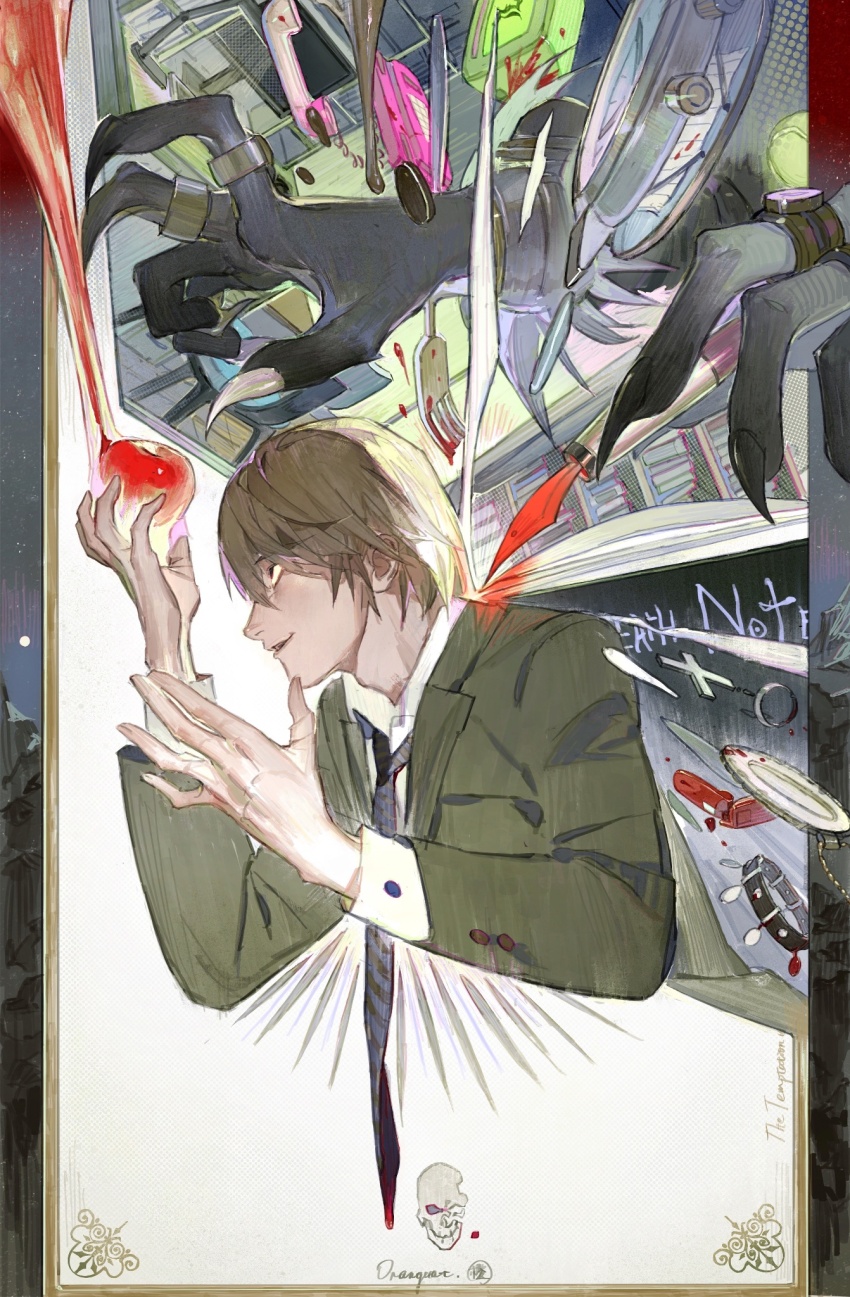 anni_de_chengzi_mao apple artist_name belt black_nails blood blood_drop blood_on_fork blue_necktie book bookshelf brown_eyes brown_hair chair closet cross death_note fingernails food fork formal_clothes fruit green_suit hair_between_eyes highres holding holding_food holding_fruit holding_pen jewelry long_shirt looking_up male_focus mobile monitor necktie notebook out_of_frame parted_lips pen phone plate ring ryuk sharp_fingernails shirt short_hair skull_print smile striped_necktie suit table upper_body white_nails white_shirt window writing yagami_light