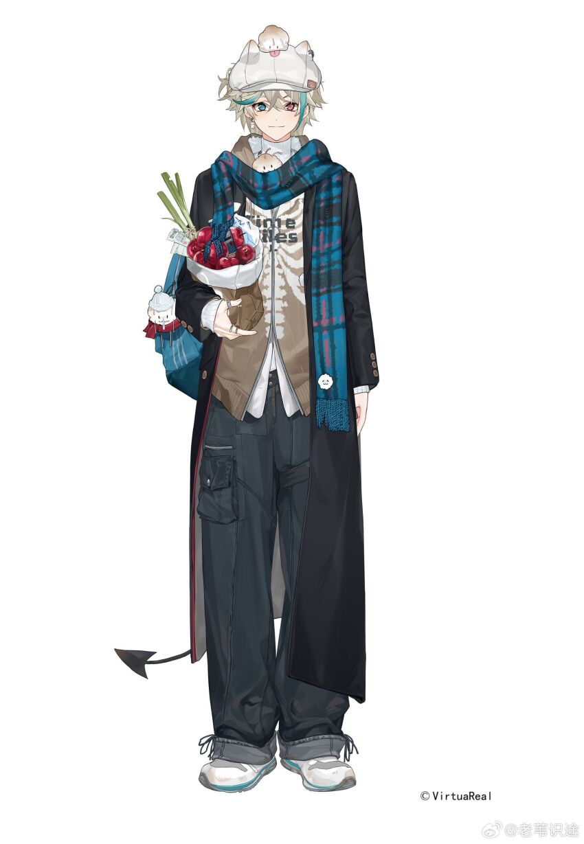 1boy absurdres animal_ears apple aza_(virtuareal) bag baggy_pants blonde_hair blue_eyes blue_hair newsboy_cap cat_ears coat copyright_notice demon_tail food fruit full_body grocery_bag hat heterochromia highres holding holding_bag laowei_shi_tu male_focus multicolored_hair nijisanji open_clothes open_coat pants pink_eyes scarf shopping_bag solo spring_onion standing streaked_hair tail virtuareal watermark weibo_username weibo_watermark white_background winter_clothes