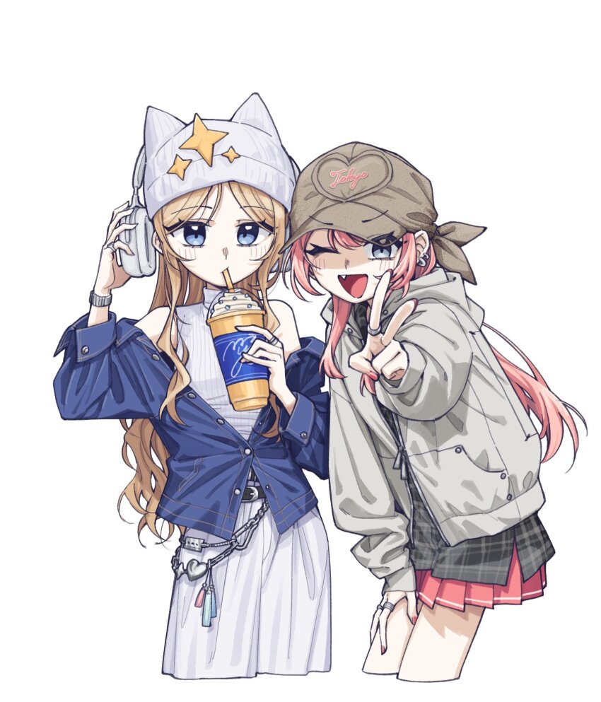 2girls bang_dream! bang_dream!_it&#039;s_mygo!!!!! beanie belt black_belt blue_eyes blue_jacket brown_hair chihaya_anon commentary cup disposable_cup ear_piercing fang grey_eyes grey_jacket grey_shirt hand_on_own_hip hashtag-only_commentary hat headphones highres holding holding_cup jacket jewelry long_hair looking_at_another multiple_girls mygo!!!!!_logo_(bang_dream!) nagasaki_soyo nail_polish neonfloyd piercing pink_hair pink_nails pink_skirt pleated_skirt ring shirt skirt sweater v watch white_skirt white_sweater wristwatch