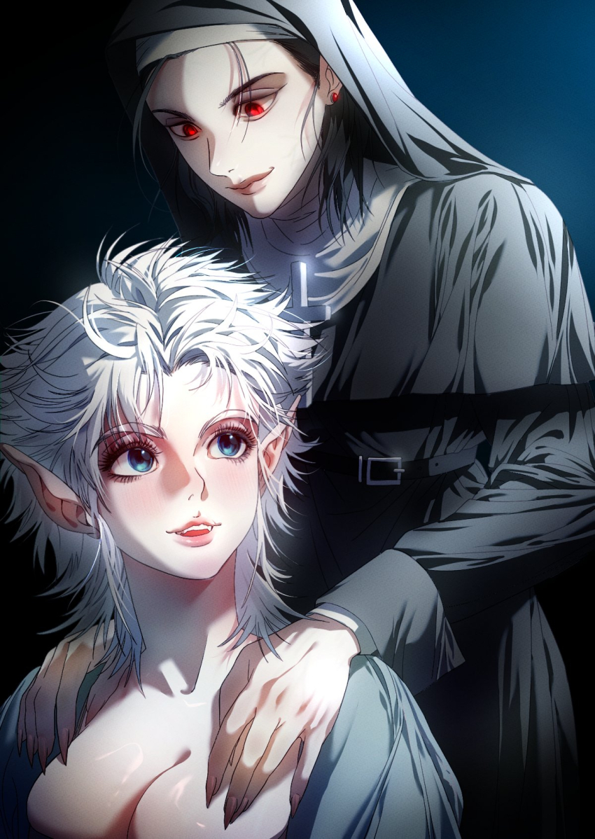 2girls astarion baldur&#039;s_gate baldur&#039;s_gate_3 black_hair blue_eyes breasts cazador_szarr cleavage dungeons_&amp;_dragons dungeons_&amp;_dragons genderswap genderswap_(mtf) gev highres looking_at_another medium_hair mullet multiple_girls nun red_eyes white_hair