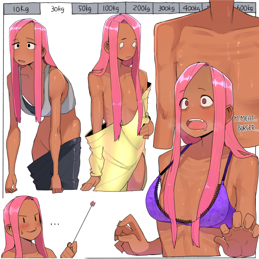 ... 1girl alternate_breast_size black_eyes bra closed_mouth collarbone dark-skinned_female dark_skin dress drooling english_text flat_chest grey_bra hair_over_breasts highres hungry long_hair o_o ohasi open_mouth original oversized_breast_cup oversized_clothes pants pink_(ohasi) pink_hair purple_bra red_eyes skinny smile solid_oval_eyes solo sports_bra sweatdrop tears underwear white_background