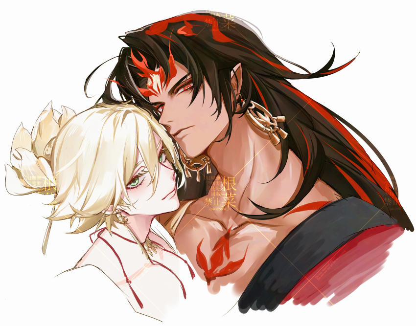 2boys absurdres asura_(onmyoji) bishounen black_hair blonde_hair chest_tattoo closed_mouth collarbone commentary commentary_request cropped_shoulders crossdressing earrings eyeliner facial_mark green_eyes highres jewelry konsai_2 long_hair looking_at_viewer makeup male_focus multicolored_hair multiple_boys onmyoji pectorals red_eyeliner red_hair red_tattoo short_hair simple_background streaked_hair taishakuten_(onmyoji) tattoo trap two-tone_hair upper_body white_background
