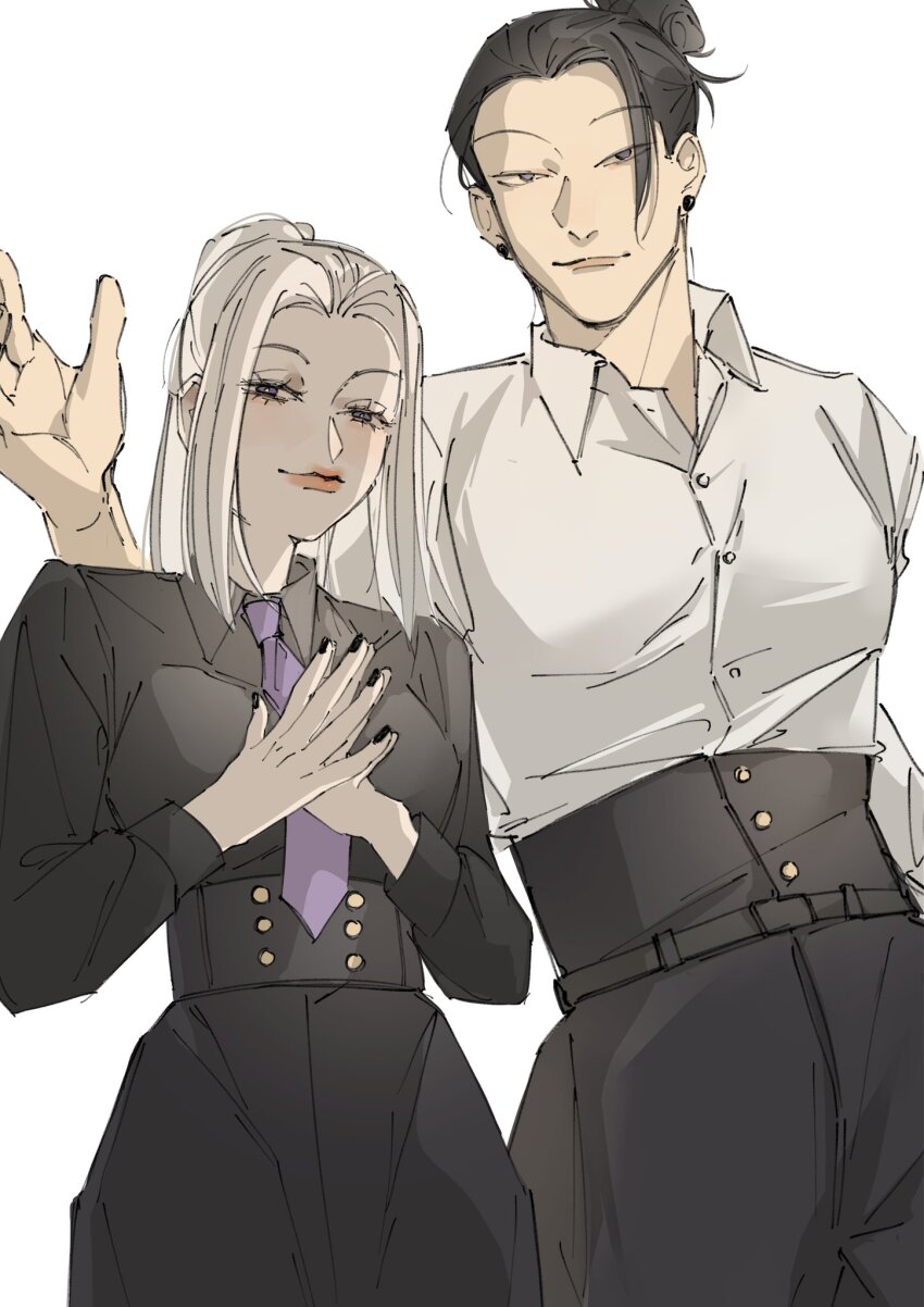 1boy 1girl black_hair black_nails black_shirt collared_shirt commentary earrings eyelashes getou_suguru hair_bun high-waist_pants highres jewelry jujutsu_kaisen looking_at_viewer mei_mei_(jujutsu_kaisen) necktie nnaramonn pants ponytail purple_necktie shirt simple_background smile symbol-only_commentary white_background white_hair white_shirt