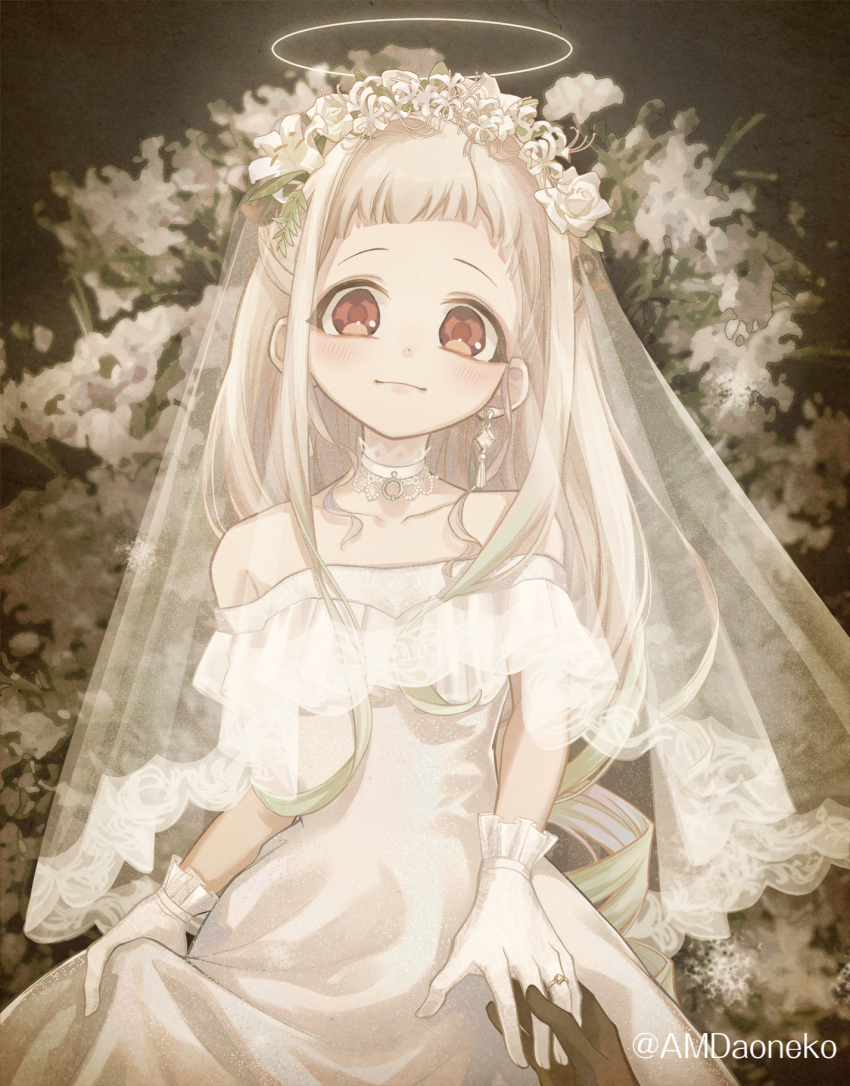 1girl 1other amd_aoneko artist_name bare_shoulders black_gloves blush bridal_veil bride choker closed_mouth collarbone commentary_request dress earrings flower flower_hairband frilled_choker frilled_gloves frills gloves gradient_hair green_hair hair_ornament halo highres jewelry jibaku_shounen_hanako-kun long_hair looking_at_viewer multicolored_hair pov red_eyes ring see-through_clothes see-through_veil sepia short_bangs skirt_hold strapless strapless_dress veil very_long_hair white_choker white_dress white_flower white_gloves white_hair yashiro_nene