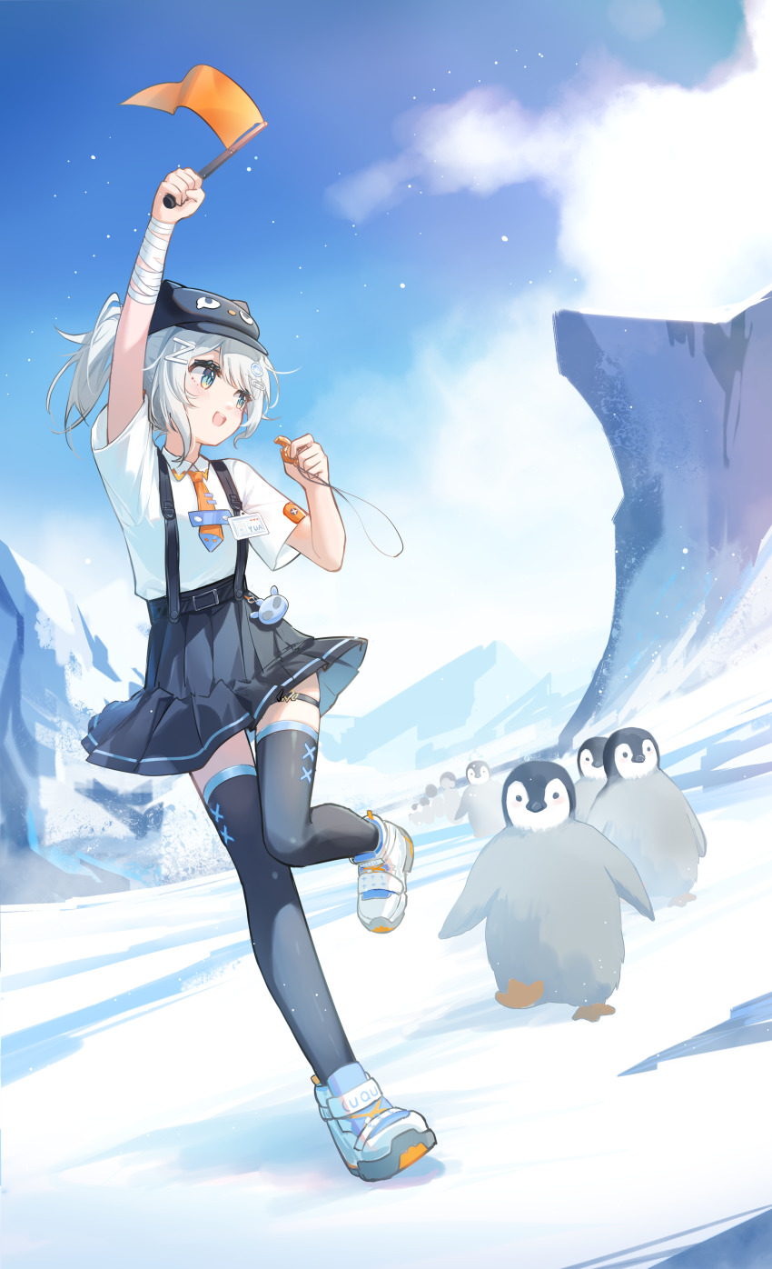1girl absurdres animal_hat bandaged_arm bandages bird black_hat black_skirt black_thighhighs blue_eyes blue_sky cliff cloud commentary_request flag grey_hair hat highres holding holding_flag holding_whistle morimori_(14292311) mountainous_horizon necktie orange_necktie original outdoors penguin ponytail shirt shoes short_hair short_sleeves skirt sky sneakers snow solo standing standing_on_one_leg suspender_skirt suspenders thighhighs whistle white_shirt white_shoes