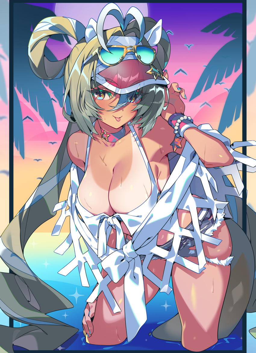 1girl :p absurdres antenna_hair aqua_nails blue_hair bracelet breasts character_request choker cleavage commentary cutoffs dark-skinned_female dark_skin denim denim_shorts drill_hair english_commentary eyewear_on_head fingernails front-tie_top green_eyes green_hair hair_between_eyes hair_rings hand_on_own_knee highres jewelry large_breasts leaning_forward long_hair multicolored_hair nail_polish naso4 one-piece_tan original otter_tail pearl_bracelet short_shorts shorts skindentation solo star_(symbol) star_bracelet star_choker streaked_hair sunglasses sunset tail tan tanline tongue tongue_out twin_drills two-tone_hair very_long_hair visor_cap wading water wet wristband yellow-framed_eyewear
