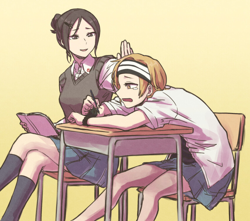 2girls ariu_aki black_headband black_shirt blonde_hair blue_skirt book brown_hair brown_sweater_vest chair commentary_request crossed_legs desk gari hair_bun hair_ornament hairclip headband holding holding_book holding_pen kneehighs koba_youka multiple_girls okujou_no_yurirei-san pen pleated_skirt school_desk school_uniform shirt short_sleeves sitting skirt socks sweater_vest white_shirt wooden_chair yellow_background yuri
