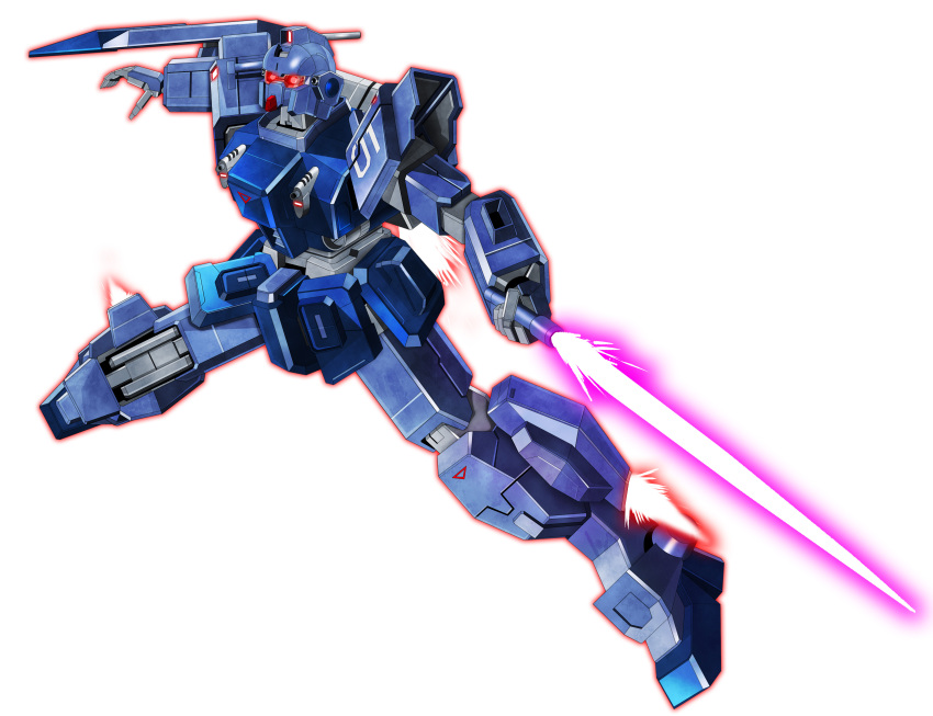 absurdres arm_shield assault_visor blue_destiny_01 commentary_request energy_sword exhaust gundam gundam_side_story:_the_blue_destiny highres holding holding_sword holding_weapon legs_apart mecha mecha_focus mobile_suit nagi_(user_dwyh2252) no_humans outstretched_arms red_eyes red_visor robot science_fiction simple_background solo spread_arms sword weapon white_background