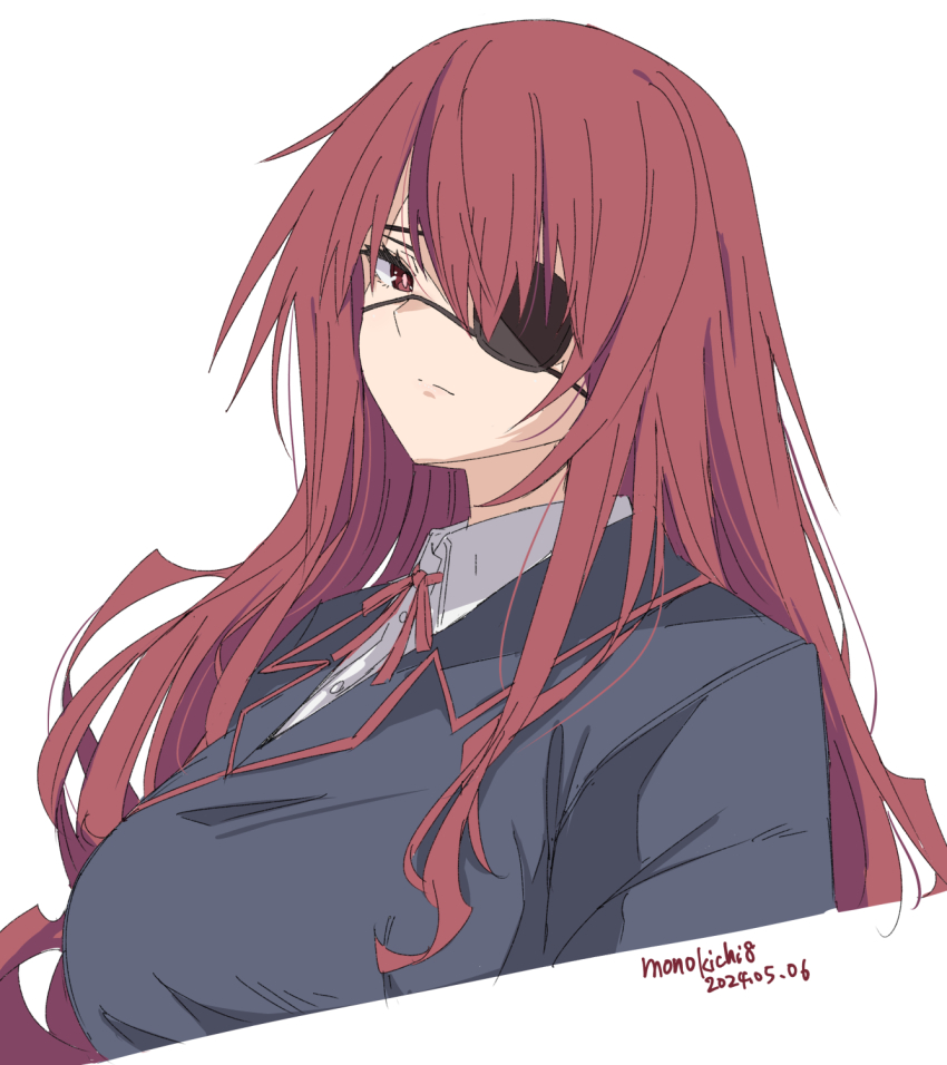 1girl artist_name black_jacket breasts closed_mouth collared_shirt dated eyepatch highres jacket kichihachi large_breasts long_hair looking_at_viewer maji_de_watashi_ni_koi_shinasai! margit_eberbach neck_ribbon red_eyes red_hair red_ribbon ribbon school_uniform shirt simple_background solo upper_body white_background white_shirt