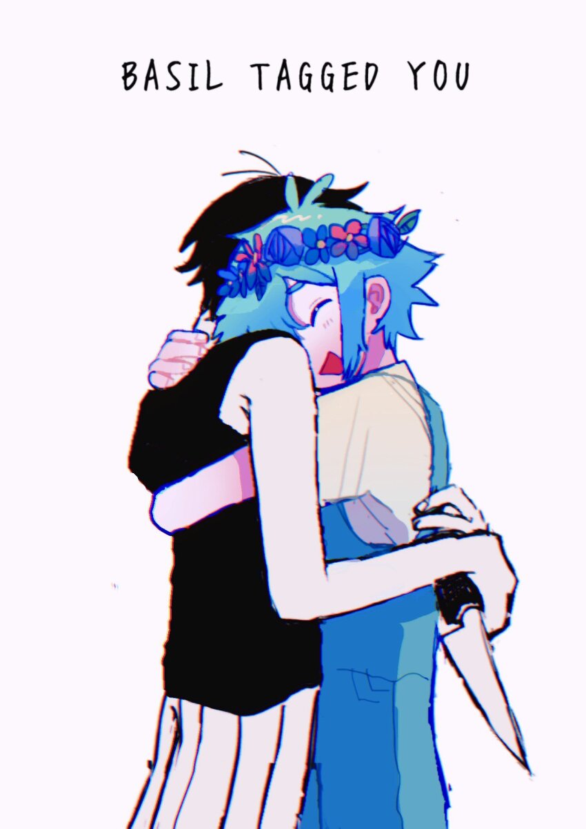 2boys basil_(headspace)_(omori) basil_(omori) black_hair black_tank_top blue_overalls blush closed_eyes colored_skin flower green_hair head_wreath highres holding holding_knife hug knife male_focus multiple_boys omori omori_(omori) open_mouth overalls shirt short_sleeves shorts simple_background smile t-shirt tank_top tate_ware_anal white_background white_shorts white_skin