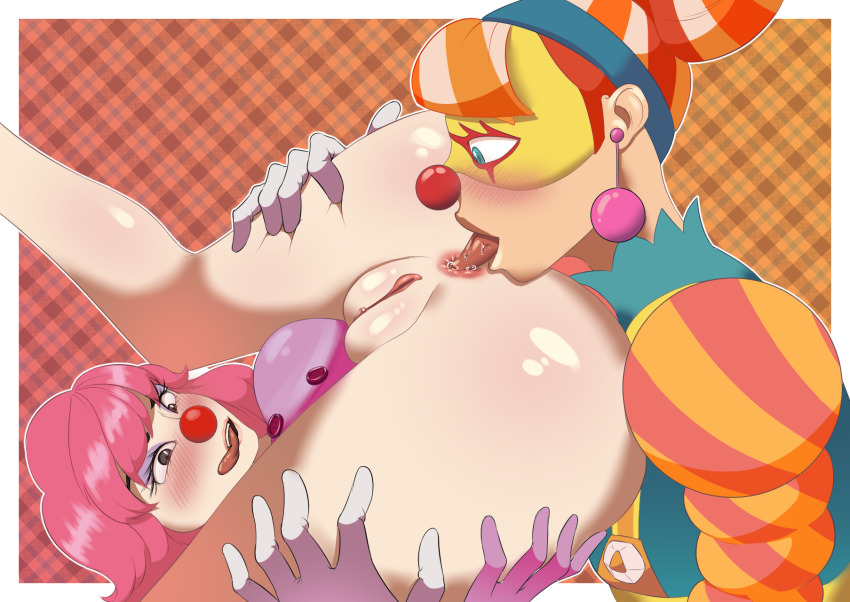 2girls ace_attorney anilingus anus arms_(game) artist_request ass bad_id blush body_blush bottomless capcom cleft_of_venus clown clown_girl clown_nose crossover earrings fat_mons geiru_toneido gloves happy_sex highres huge_ass jewelry legs_up licking licking_lips lola_pop mask multicolored_hair multiple_girls nintendo phoenix_wright:_ace_attorney_-_spirit_of_justice pink_hair pussy shiny_skin spread_legs thigh_grab thighs tongue tongue_out yuri