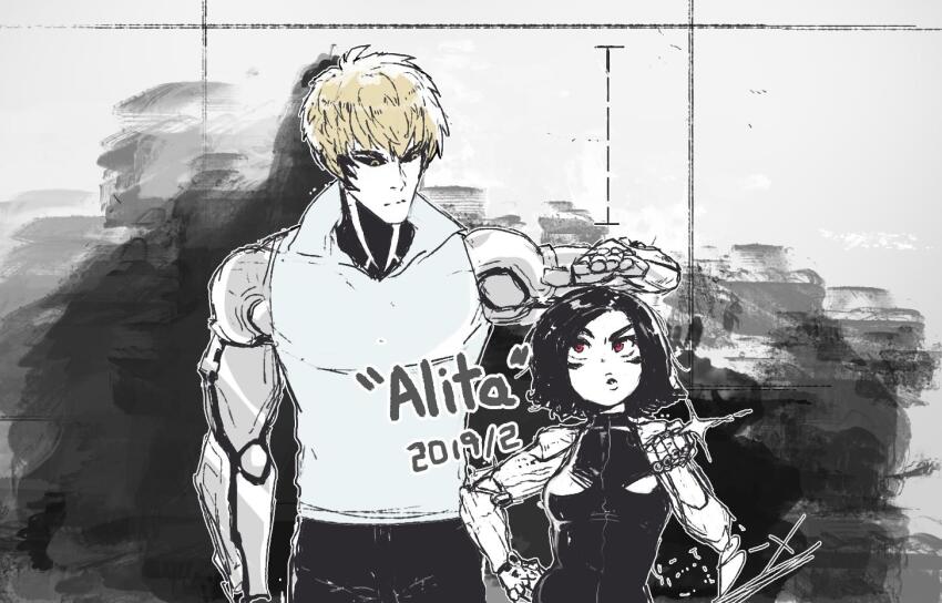 1boy 1girl 2019 alita alita:_battle_angel battle_angel_alita black_hair black_sclera blonde_hair colored_sclera crossover cyborg dated genos greyscale monochrome one-punch_man partially_colored red_eyes short_hair signature sly-8