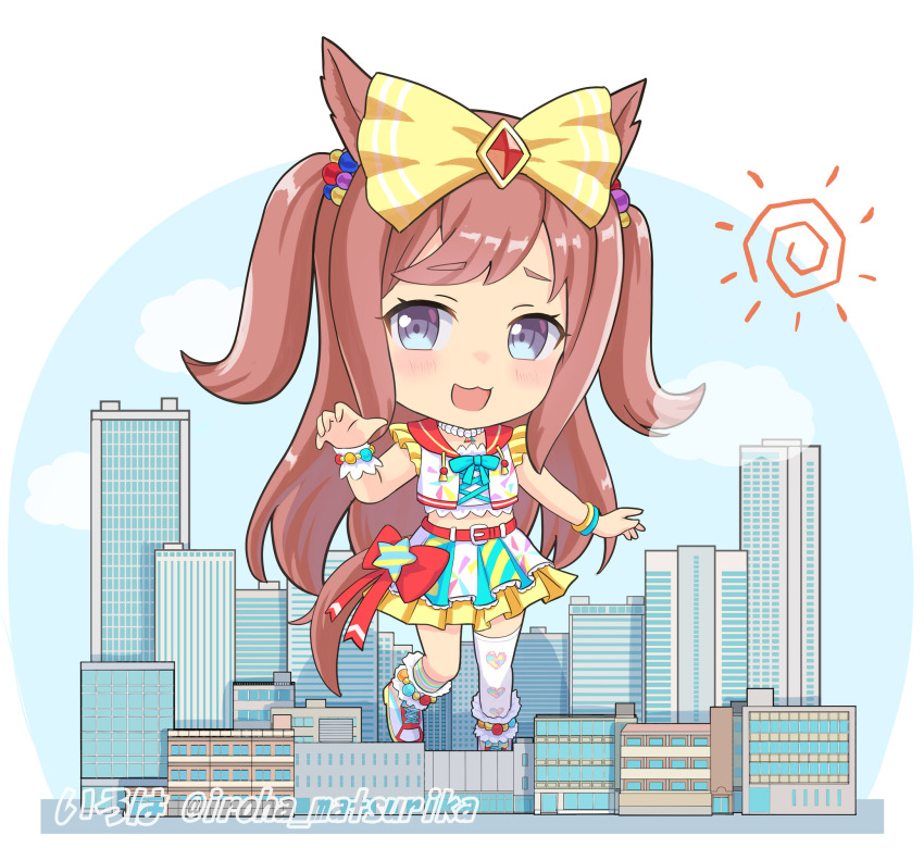 1girl :d agnes_digital_(full-color_fangirling)_(umamusume) agnes_digital_(umamusume) animal_ears asymmetrical_legwear belt belt_buckle blue_eyes blue_skirt blue_sky blush bow brown_hair buckle building chibi cloud commentary_request crop_top full_body giant giantess hair_bow highres horse_ears horse_girl horse_tail iroha_(iroha_matsurika) long_hair looking_at_viewer mismatched_legwear open_mouth red_belt red_shoes shoes single_sock single_thighhigh skirt sky skyscraper smile socks solo standing striped_clothes striped_socks sun_symbol tail thighhighs twitter_username two_side_up umamusume very_long_hair white_skirt white_thighhighs yellow_bow