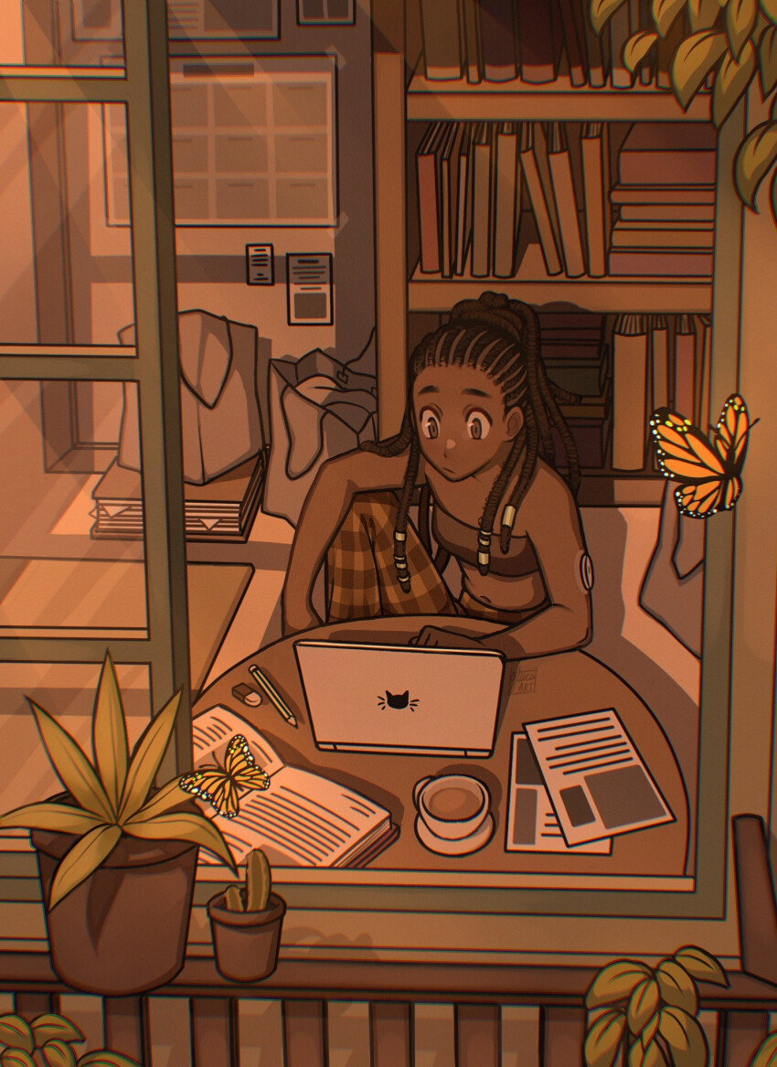 1girl bag bandeau bare_shoulders book bookshelf breasts brown_bandeau brown_eyes brown_hair cactus chromatic_aberration commentary computer cup dark-skinned_female dark_skin dreadlocks english_commentary eraser gluca highres infusion_set laptop monarch_butterfly navel open_book open_window original pants paper paper_bag pencil plaid_clothes plaid_pants ponytail sitting small_breasts solo teacup very_dark_skin window