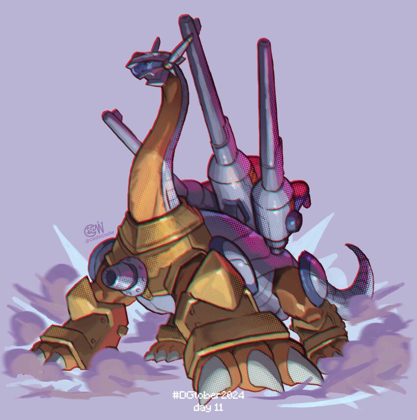 absurdres all_fours assault_visor brachiosaurus cannondramon cwdw cyborg digimon digimon_(creature) full_body grey_background highres long_neck no_humans shoulder_cannon simple_background twitter_username