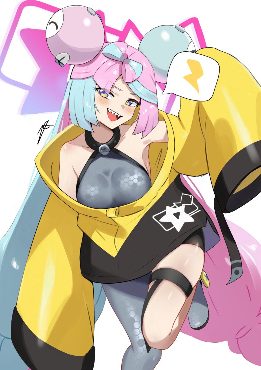 1girl blue_hair boots bow-shaped_hair breasts character_hair_ornament fake_hair_bun grey_boots grey_pantyhose hair_ornament halterneck hand_up hexagon_print highres iono_(pokemon) jacket long_hair looking_at_viewer low-tied_long_hair medium_breasts multicolored_hair nintendo open_mouth oversized_clothes pantyhose pink_hair pokemon pokemon_sv sharp_teeth single_leg_pantyhose sleeves_past_fingers sleeves_past_wrists smile solo split-color_hair teeth very_long_sleeves x yellow_jacket zet_(twt_zet)