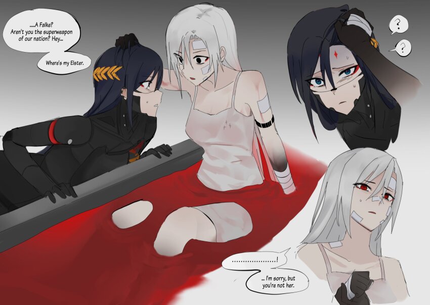 1yym 2girls android angry ariane_yeong black_hair blue_eyes camisole cyberpunk english_text falke_(signalis) highres joints long_hair metal_skin multiple_girls red_eyes robot_girl robot_joints science_fiction signalis white_hair