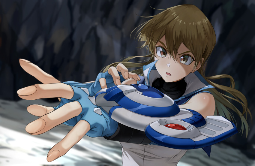 1girl battle black_shirt blonde_hair blue_gloves brown_eyes cave dappled_sunlight dirt_road duel_academy_uniform_(yu-gi-oh!_gx) duel_disk elbow_gloves eyes_in_shadow facing_to_the_side fingerless_gloves gloves hand_on_own_arm holding in_shadow long_hair looking_at_viewer mountain one_eye_in_shadow open_hand open_mouth outdoors outstretched_arm popped_collar road rourou_ill shirt sunlight tenjouin_asuka white_shirt wind yu-gi-oh! yu-gi-oh!_gx
