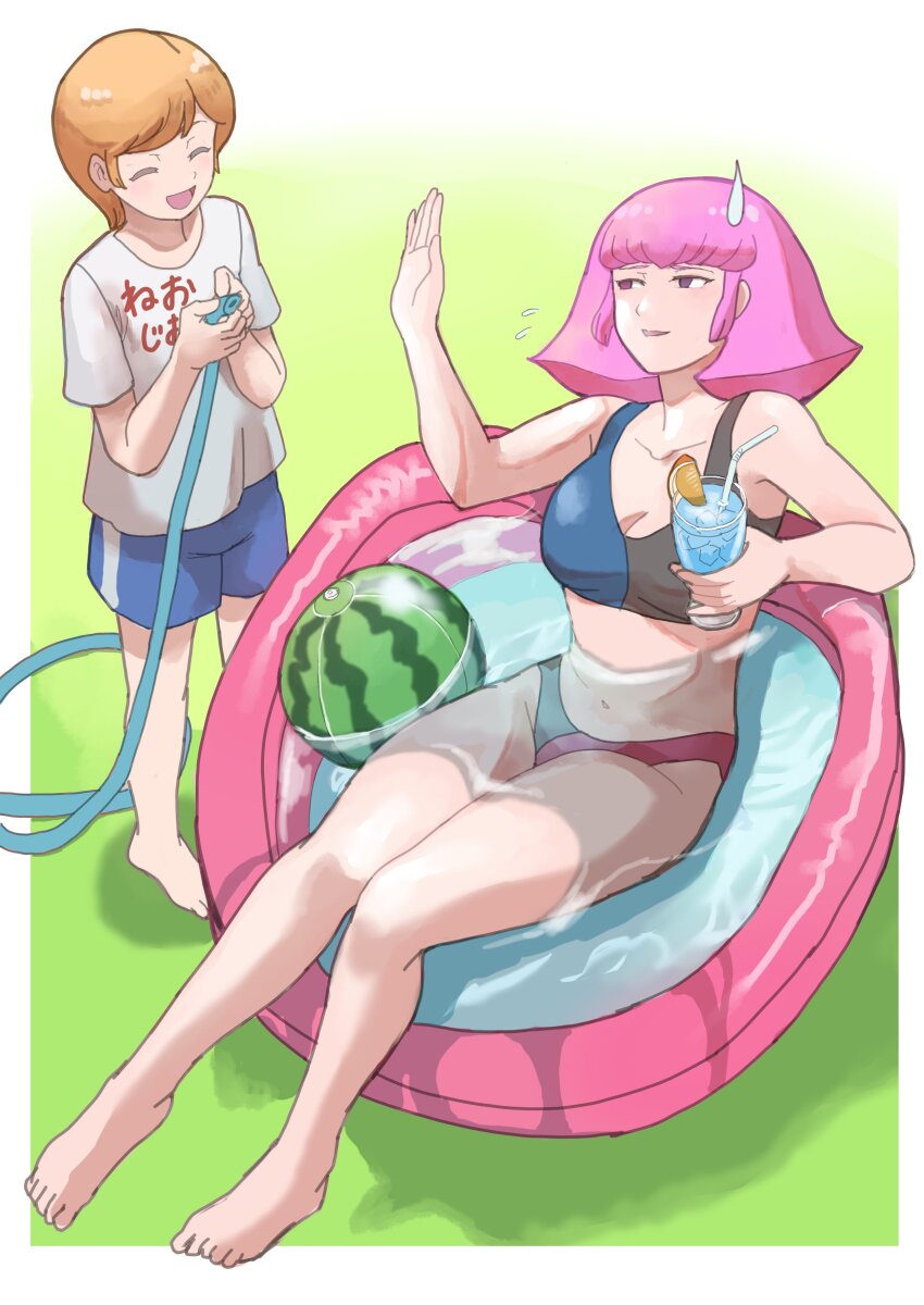2girls absurdres ball beachball bikini breasts cup drink drinking_straw gundam haman_karn highres holding holding_cup holding_hose hose k_katora mineva_lao_zabi multiple_girls on_grass orange_hair pink_hair purple_eyes short_hair simple_background sliced_fruit smile sweatdrop swimsuit wading_pool watermelon_beachball zeta_gundam