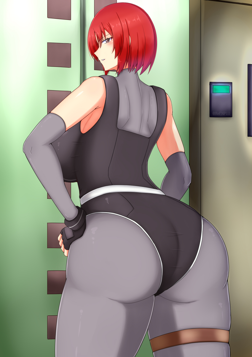 1girl absurdres ass black_gloves black_leotard blush bodysuit breasts brown_eyes curvy dino_crisis elbow_gloves fingerless_gloves gloves highres huge_ass huge_breasts leotard looking_at_viewer red_hair ref_np111 regina_(dino_crisis) short_hair skin_tight solo thick_thighs thighs turtleneck wide_hips