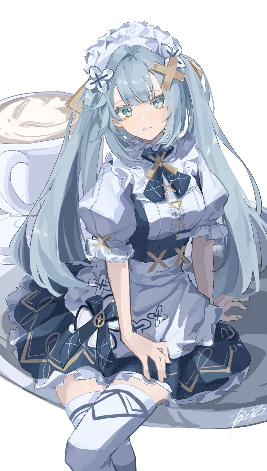 1girl absurdres apron aqua_hair closed_mouth crossed_legs dress faruzan_(genshin_cafe_in_seoul)_(genshin_impact) faruzan_(genshin_impact) genshin_impact green_eyes hair_ornament highres long_hair looking_at_viewer maid maid_apron maid_headdress official_alternate_costume ren_(renjiyu) short_sleeves signature simple_background sitting smile solo thighhighs twintails white_background white_thighhighs x_hair_ornament zettai_ryouiki
