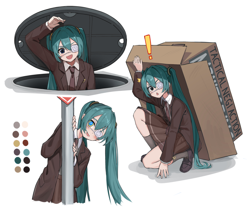 ! 1girl :d aqua_hair aqua_pupils arm_up bib_(bibboss39) black_eyes blue_eyes blush box bright_pupils brown_jacket brown_shirt brown_shoes brown_skirt chestnut_mouth collared_shirt color_guide commentary cropped_torso english_commentary english_text eyepatch full_body grey_socks hair_tie hatsune_miku heart heart-shaped_pupils highres jacket knee_up lapels loafers long_hair looking_at_viewer manhole_cover medical_eyepatch monitoring_(vocaloid) multicolored_eyes multiple_views notched_lapels on_one_knee one_eye_covered open_clothes open_jacket open_mouth road_sign shadow shirt shoes sign simple_background skirt smile socks stop_sign symbol-shaped_pupils twintails two-tone_eyes upper_body very_long_hair vocaloid white_background yellow_eyes
