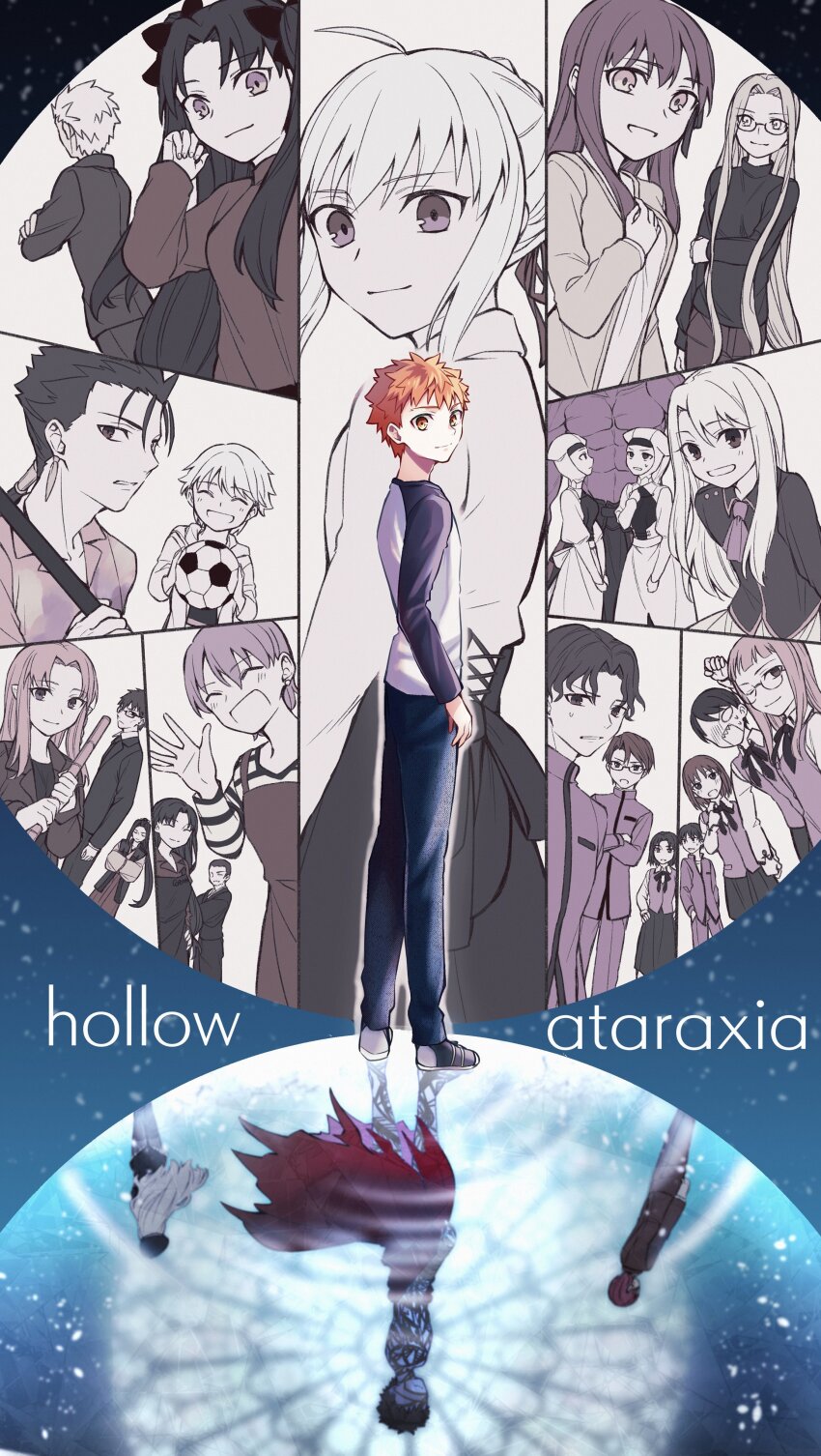 6+boys 6+girls absurdres ahoge angra_mainyu_(fate) archer_(casual_wear)_(fate) arms_behind_back artoria_pendragon_(fate) ball bazett_fraga_mcremitz beret black_hair black_skirt blush cape caren_hortensia character_request child_gilgamesh_(fate) closed_eyes closed_mouth commentary_request crossed_arms cu_chulainn_(fate) emiya_shirou fate/hollow_ataraxia fate_(series) fishing_rod formal_clothes frown fujimura_taiga gilgamesh_(fate) glasses hand_on_own_hip hat heracles_(fate) highres himuro_kane holding holding_ball holding_fishing_rod hotaruzuka_otoko jacket kotoko902 kuzuki_souichirou leysritt_(fate) long_hair long_sleeves looking_at_viewer looking_back makidera_kaede matou_sakura medea_(caster)_(fate) medea_(fate) medium_hair medusa_(fate) mitsuzuri_ayako multiple_boys multiple_girls one_eye_closed open_mouth orange_eyes orange_hair purple_hair red_cape ryuudou_issei ryuudou_reikan saegusa_yukika sasaki_kojirou_(fate) school_uniform sella_(fate) shoes short_hair skirt smile soccer_ball suit sweatdrop sweater tohsaka_rin twintails waving white_hair