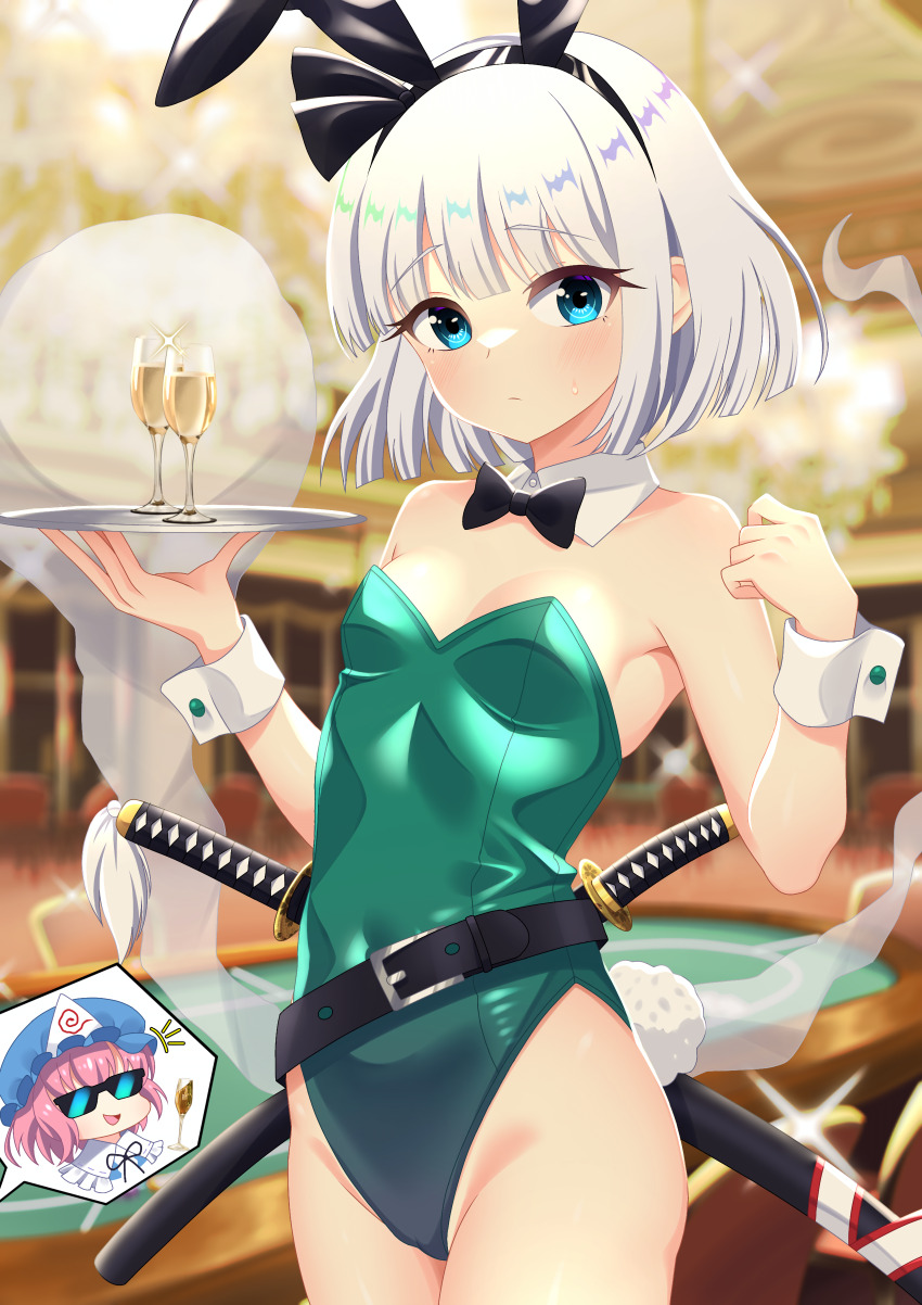 2girls absurdres animal_ear_hairband animal_ears belt black_belt black_bow black_bowtie blue_eyes bow bowtie breasts casino casino_card_table champagne_flute cipher_(user_watm8555) covered_navel cup detached_collar drinking_glass fake_animal_ears green_leotard hairband highres hitodama katana konpaku_youmu konpaku_youmu_(ghost) leotard looking_at_viewer multiple_girls pantyhose playboy_bunny rabbit_ears rabbit_tail saigyouji_yuyuko scabbard sheath short_hair small_breasts solo_focus strapless strapless_leotard sword table tail touhou tray weapon white_hair wrist_cuffs